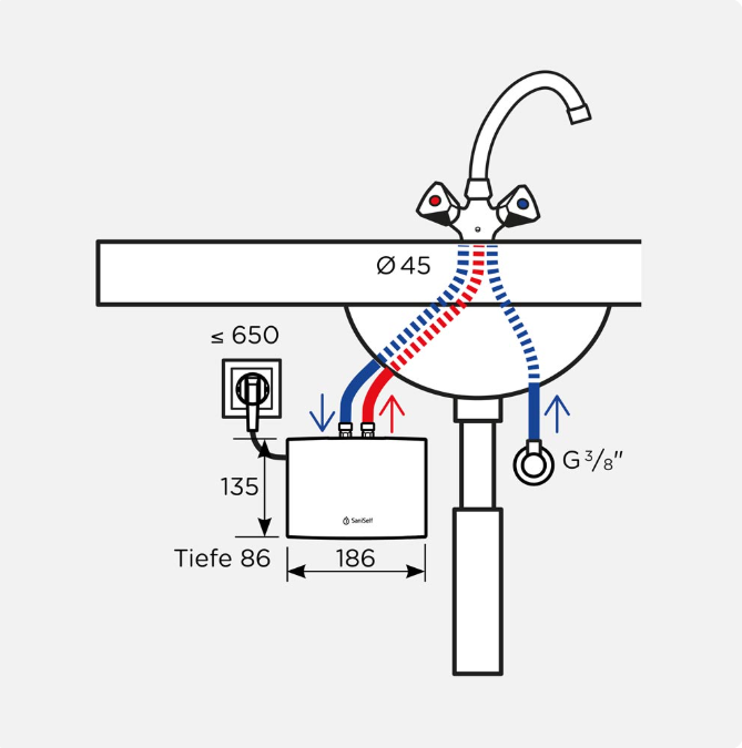 SaniSelf drukloze doorstroomverwarmer, KD 3.5kW - hydraulisch met kraan